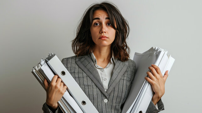 Woman in a business suit looking overwhelmed or stressed while holding a large stack of binders or folders.