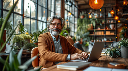 An effortlessly stylish man at work, seated in a modern office with floor-to-ceiling windows, confidently engrossed in his tasks at a sleek desk, surrounded by contemporary design