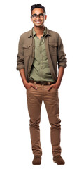 Fototapeta premium Full body portrait of young smiling arabian man stands with hands in pockets isolated on transparent background. Wearing olive shirt, brown trousers and glasses. Design element for banner, advertising