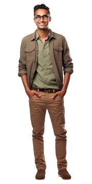 Full body portrait of young smiling arabian man stands with hands in pockets isolated on transparent background. Wearing olive shirt, brown trousers and glasses. Design element for banner, advertising