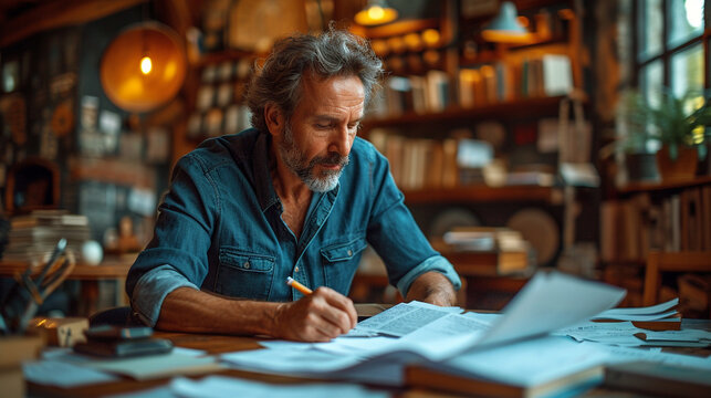 A close-up of a stylish man at his desk, meticulously organizing papers and using modern gadgets, with a backdrop of sophisticated office decor that exudes professionalism and atte