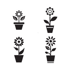 Quartet of Stylized Floral Icons in Monochrome