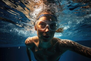 Woman swimming underwater in blue water