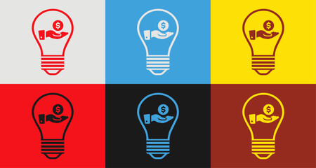 Colorful light bulb and hand holding money icons set in 6 colors for vibrant designs, light bulb and hand holding money Isolated on background
