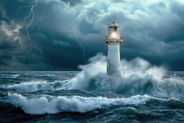 Fototapeta na wymiar Old lighthouse casting a beam over stormy seas