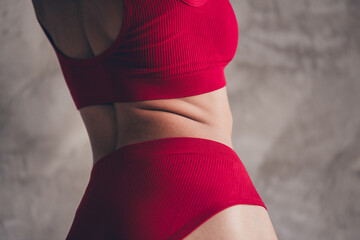 Close up photo of pretty lovely young girl no filter show back waist folds dressed red underwear...