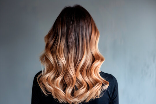 Woman from the back with balayage ombre hair dye technique, featuring a gradual transition from darker roots to lighter ends