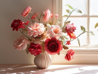 An arrangement of handcrafted paper flowers in varying shades of red and pink, displayed in an elegant vase on a sunlit windowsill