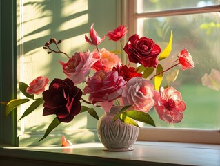 An arrangement of handcrafted paper flowers in varying shades of red and pink, displayed in an elegant vase on a sunlit windowsill