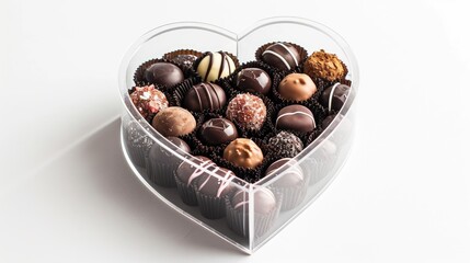 A luxurious box of gourmet truffles, each piece a work of art, arranged in a heart-shaped box with a transparent lid, revealing the tempting chocolates inside 