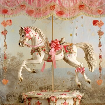 A vintage carousel horse, adorned with Valentineâ€™s Day ribbons and bows, set against a whimsical, dreamlike backdrop