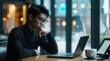 Fototapeta premium Man sitting at a table in a cafe and looking at a laptop screen, with a coffee cup and smartphone on the table