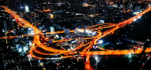 Aerial night view of Bangkok, impressive highway structure
