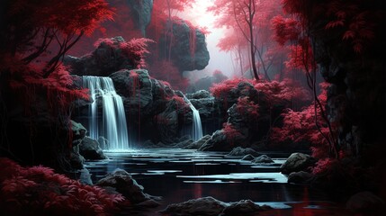 A cascading waterfall framed by foliage aglow in shades of crimson, where mysterious black ripples...