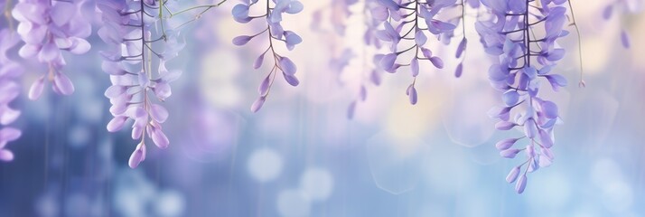wisteria bloom in shades of purple and lilac, gracefully hanging against a blue sky background