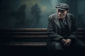 Melancholic Lonely elderly man. Negative home alone senior male. Generate Ai - obrazy, fototapety, plakaty