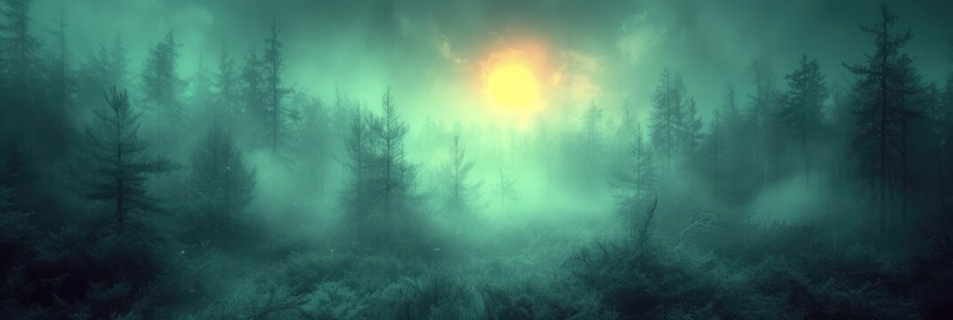 green fores with yellow sunshine, banner