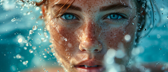 Closeup of a woman emerging from underwater. - obrazy, fototapety, plakaty
