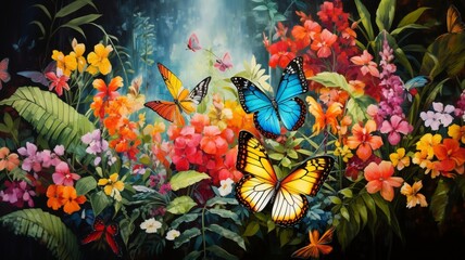 Beautiful botanical flowers garden small butterfly flying wallpaper AI Generated art