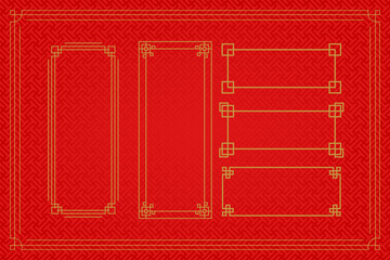 Chinese frame or border set on red background. traditional asian ornaments, golden oriental