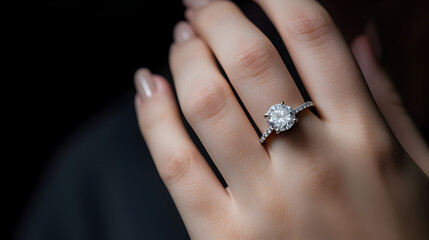 Elegant engagement diamond ring on lad's finger on dark background