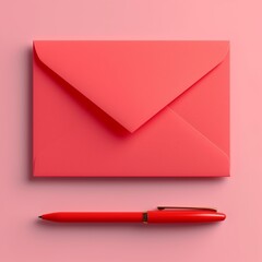 red envelope with red pen on a pink background - obrazy, fototapety, plakaty