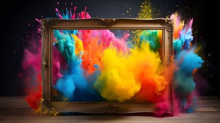 Product display frame with colorful powdered paint explosion