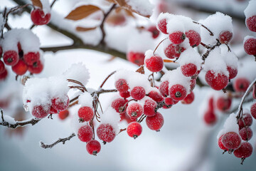 Fototapeta na wymiar Snow covered red berries, winter flower ice