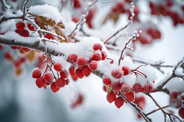 Snow covered red berries, winter flower ice