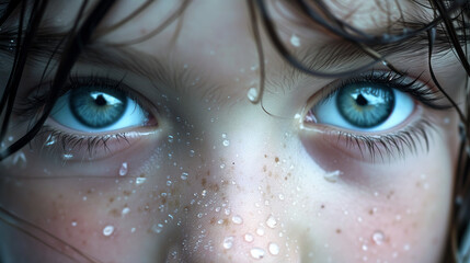 Close-Up of a Young Girl's Eyes with Water Droplets