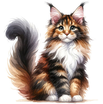 watercolor cute Maine Coon cat isolated on transparent background