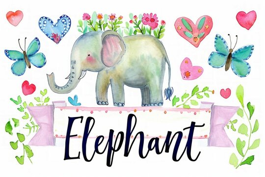 Cute Baby Elephant Watercolor Illustration. Isolated On White Background. African Baby Animal For Baby Shower, Nursery Decorations, Birthday Invitation, Greeting Card, Fabric