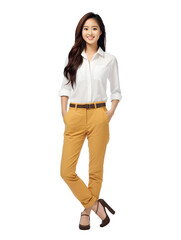 Office asian girl in a formal business suit, full body shot, white background - obrazy, fototapety, plakaty