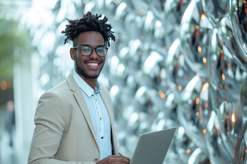 Tech-savvy young professional with a laptop, in front of a futuristic silver background.