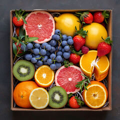 A photo of various kinds of fruits in a wooden box