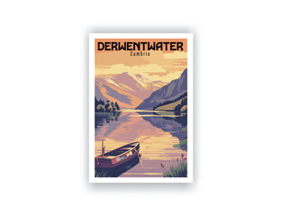 Derwentwater, Cumbria. Vintage Travel Posters. Vector art. Famous Tourist Destinations Posters Art Prints Wall Art and Print Set Abstract Travel for Hikers Campers Living Room Decor