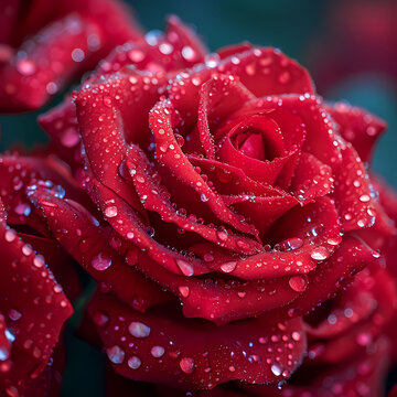 A photo of close up of a red rose with water drops