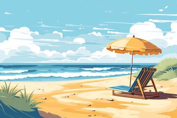 Fototapeta na wymiar Summer beach, sun loungers and umbrellas on the seashore. Vector cartoon style illustration.