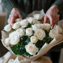 Obraz na płótnie Canvas A photo of hands wrapping a bouquet of white roses
