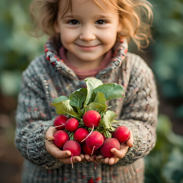 A photo of red fresh radish in the hands of a smiling little cute girl