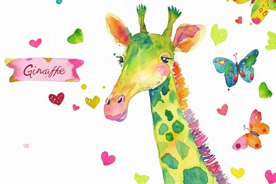 Watercolor illustration. Portrait of a giraffe. Safari. Artiodactyl mammal. Isolated on a white background.