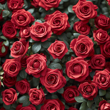 A photo of red roses with green leaves full frame
