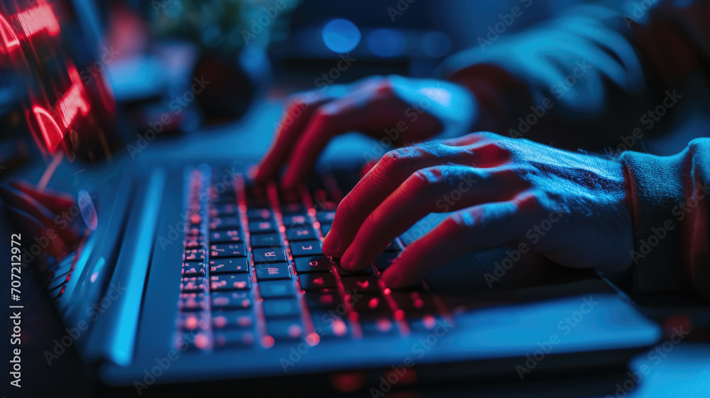 Sticker Close-up of a person's hands typing on a backlit laptop keyboard with a screen displaying what appears to be a warning or error message