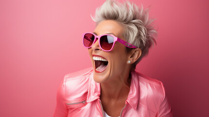 Cheerful senior woman on plain pink background