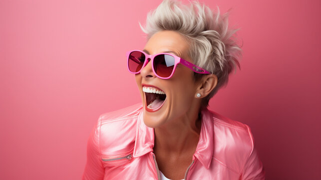 Cheerful Senior Woman On Plain Pink Background