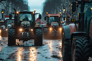 Many tractors blocked city streets and caused traffic jams in city. Agricultural workers protesting against tax increases, changes in law, abolition of benefits on protest rally in street - obrazy, fototapety, plakaty