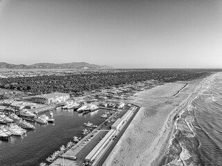 Aerial view from drone of the turistic harbor with many boat and luxory yacht - 707213314