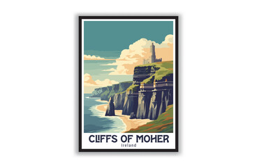 Cliffs of Moher, Ireland. Vintage Travel Posters. Vector art. Famous Tourist Destinations Posters Art Prints Wall Art and Print Set Abstract Travel for Hikers Campers Living Room Decor