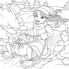 Vector illustration, cute girl sledding with a snowman through the forest
