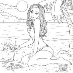 Vector illustration, beautiful girl on the beach sunbathing,